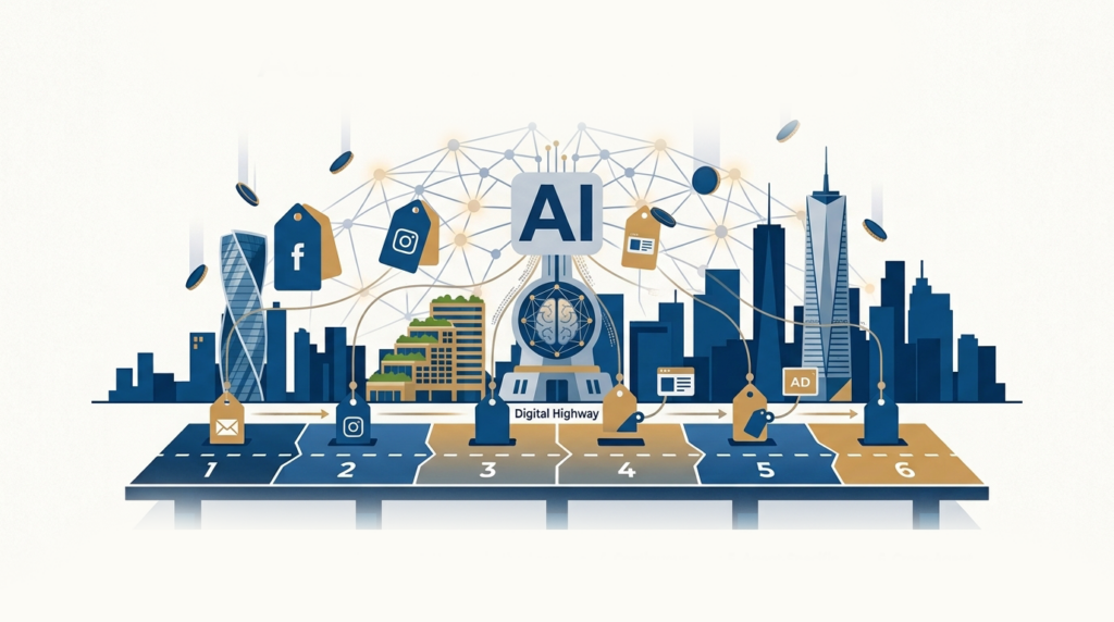 Agentic AI in Marketing: 6 Proven Steps to Avoid Mistakes 1 Minimalist vector illustration in navy blue and gold set on a clean white background, representing agentic AI in marketing. The graphic features a stylized urban skyline interwoven with glowing AI node networks and floating price tags displaying social media icons. Below the skyline, a numbered six-lane digital highway road map guides through a structured process, paired with key step labels at the bottom including Strategy Definition, Data Quality Assurance, Human-in-the-Loop Safeguards, Continuous Monitoring, Agent-Specific KPIs, and Cross-Agent Collaboration. Bold header text at the top reads "AGENTIC AI IN MARKETING".
