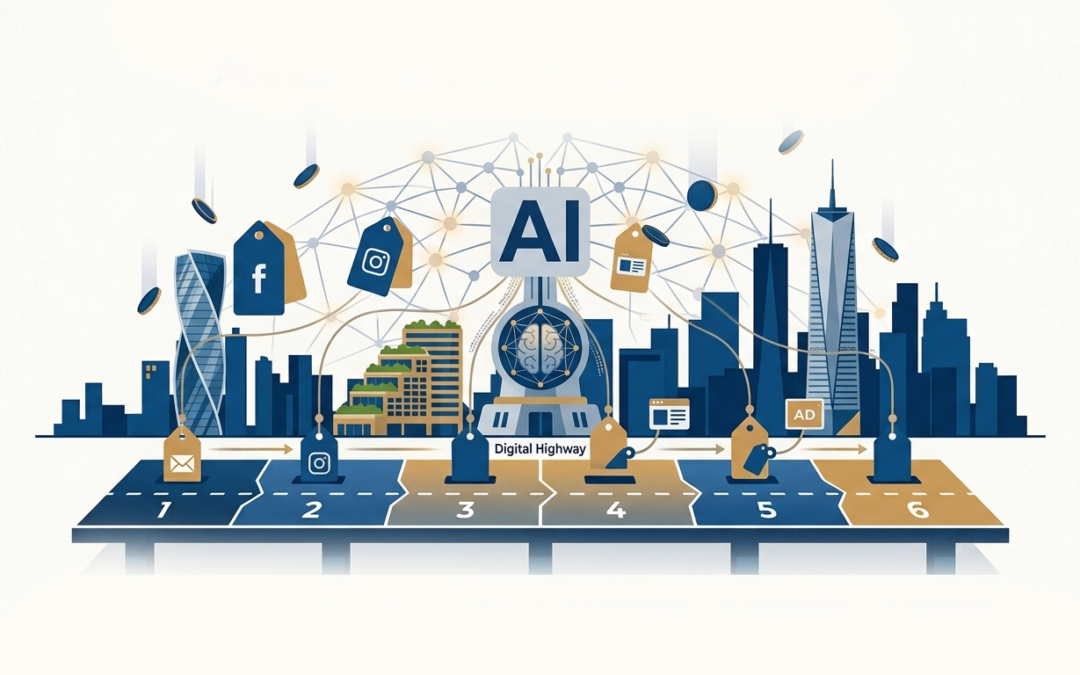 Minimalist vector illustration in navy blue and gold set on a clean white background, representing agentic AI in marketing. The graphic features a stylized urban skyline interwoven with glowing AI node networks and floating price tags displaying social media icons. Below the skyline, a numbered six-lane digital highway road map guides through a structured process, paired with key step labels at the bottom including Strategy Definition, Data Quality Assurance, Human-in-the-Loop Safeguards, Continuous Monitoring, Agent-Specific KPIs, and Cross-Agent Collaboration. Bold header text at the top reads "AGENTIC AI IN MARKETING".
