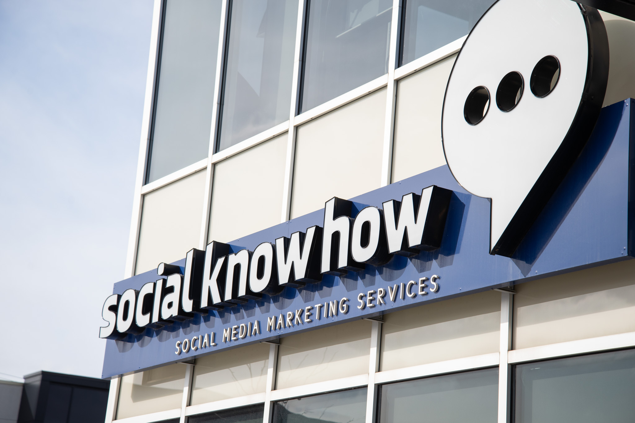 SOCIAL KNOW HOW® logo sign on the Social Know How office in Vaughan, Ontario